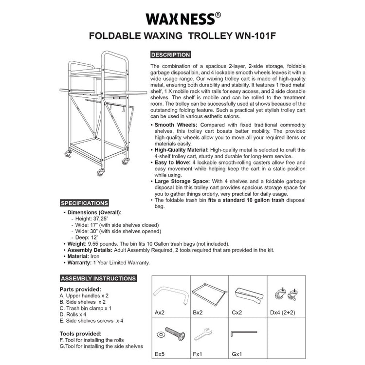 Waxness Foldable Waxing Trolley Fully Equipped with Warmer and Supplies